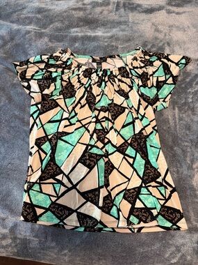 Style & Co. Geometric Flutter Sleeve Top in Mint, Cream & Black